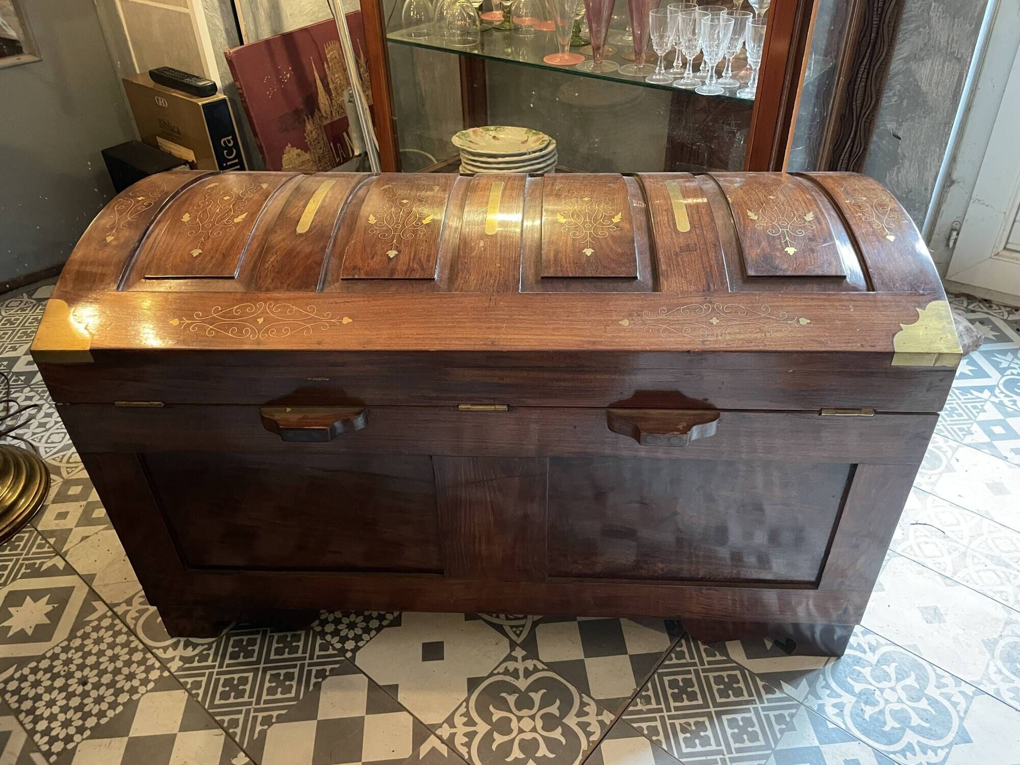 Anglo Indian wedding chest trunk in exotic wood decorated with polished brass inlay