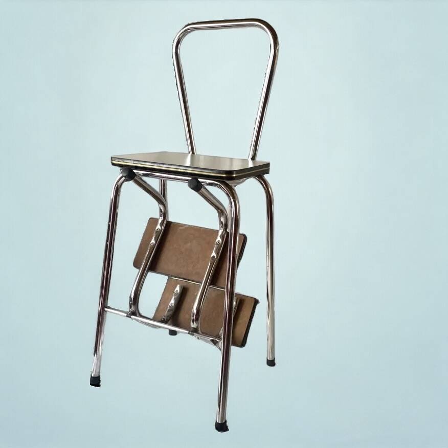 Vintage stepladder in Formica, wood and chromed metal
