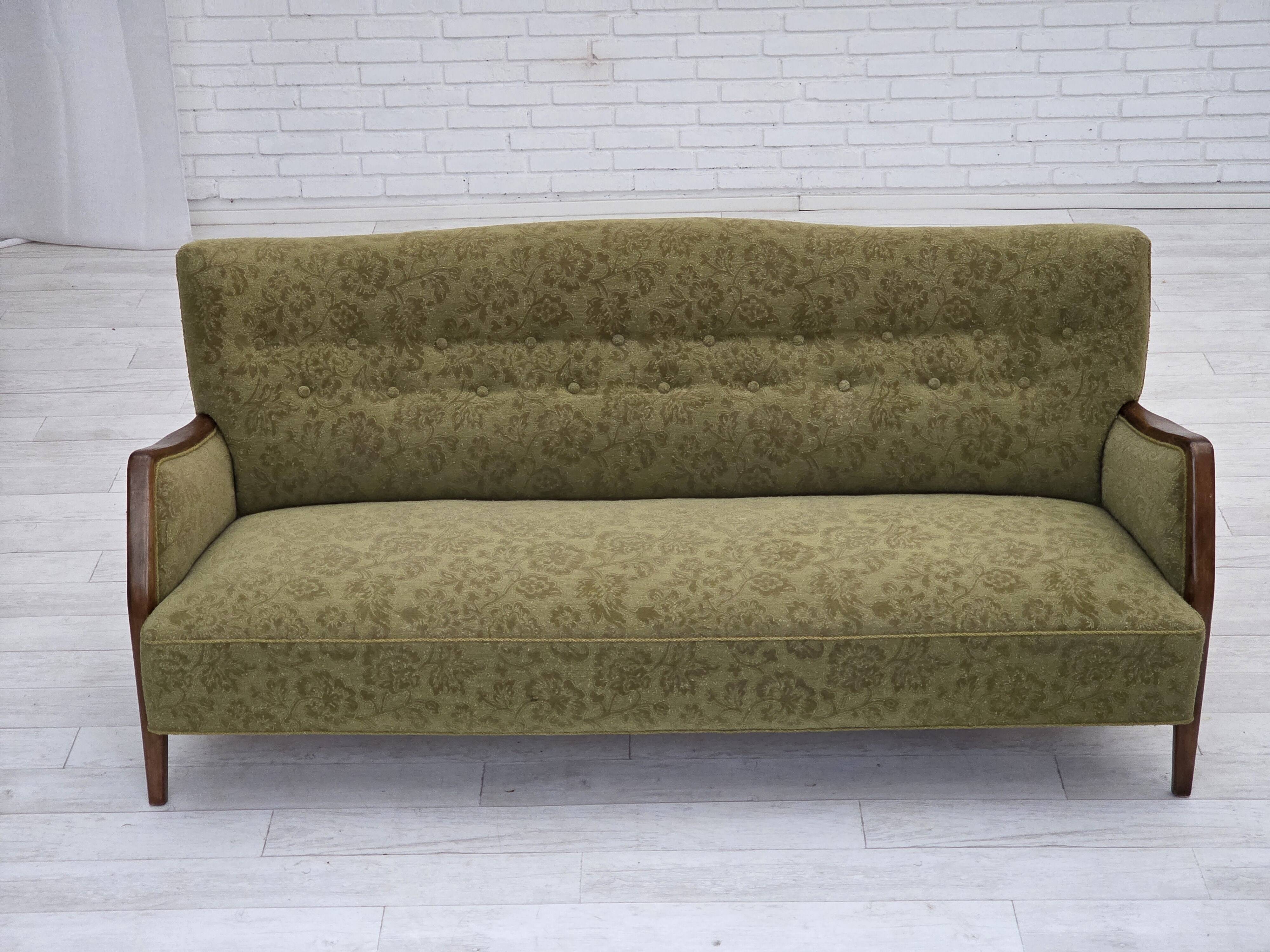 1960s, Danish 3-seater sofa, green furniture velour, ash wood legs.