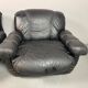 Large Set of Italian Space Age Black Leather Lounge Chairs with Brass