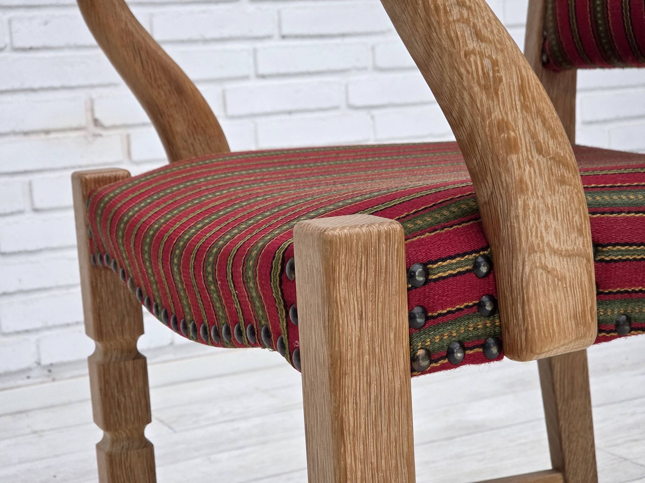 1970s, Danish armchair, striped red furniture wool, solid oak wood.