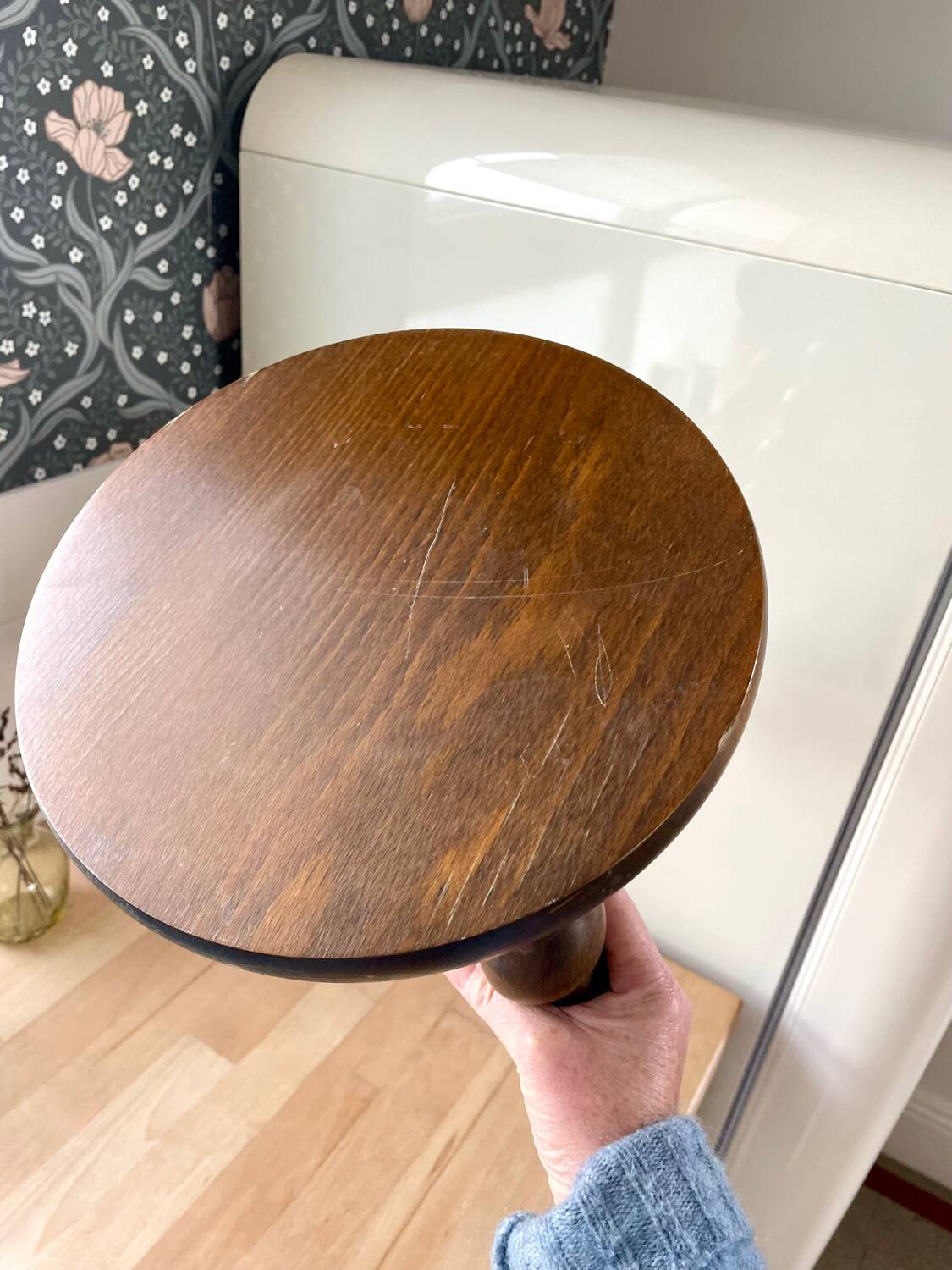 Vintage wooden tripod stool with turned legs