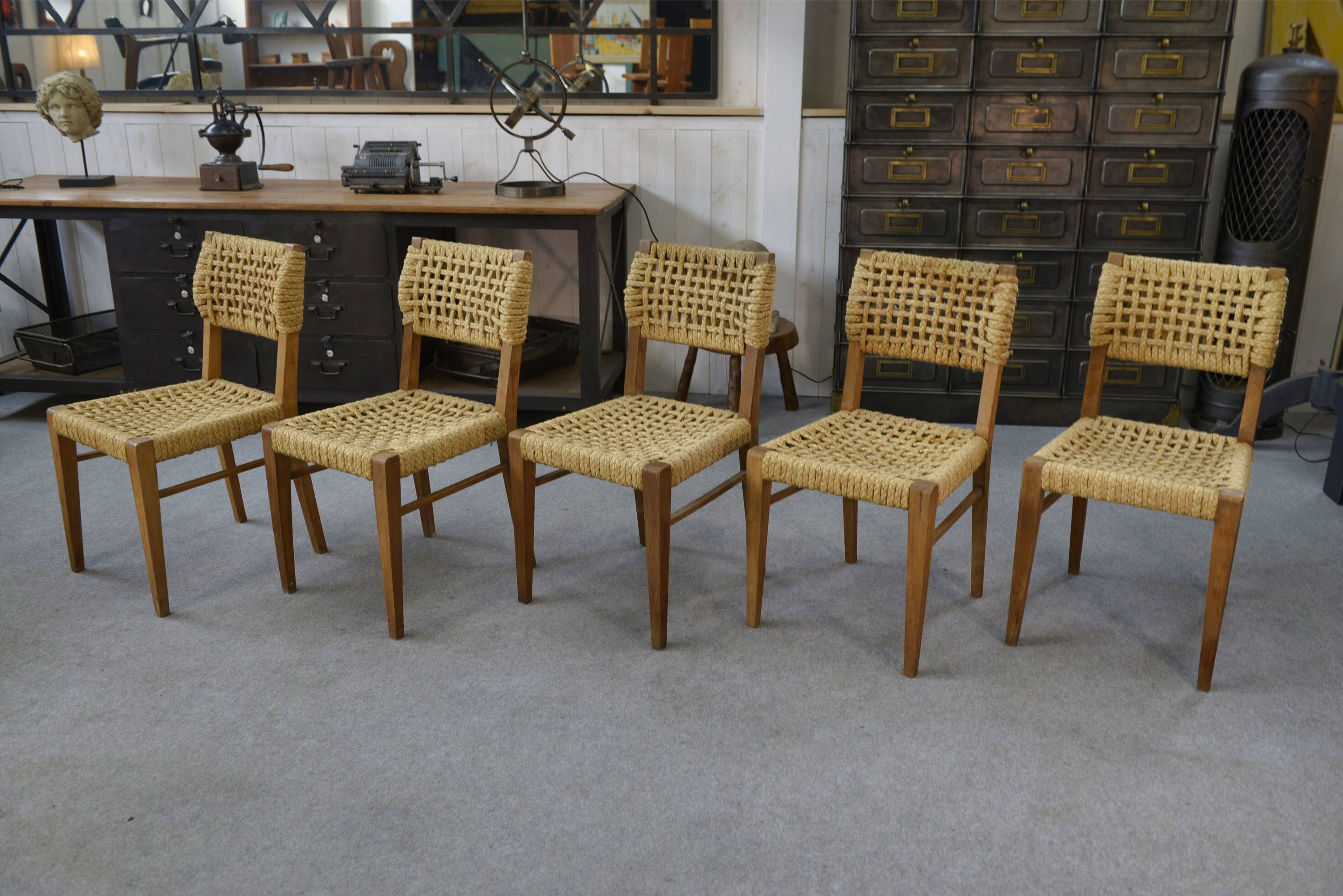 Set of 6 woven rope chairs by Adrien Audoux & Frida Minet for Vibo Versoul 1940's
