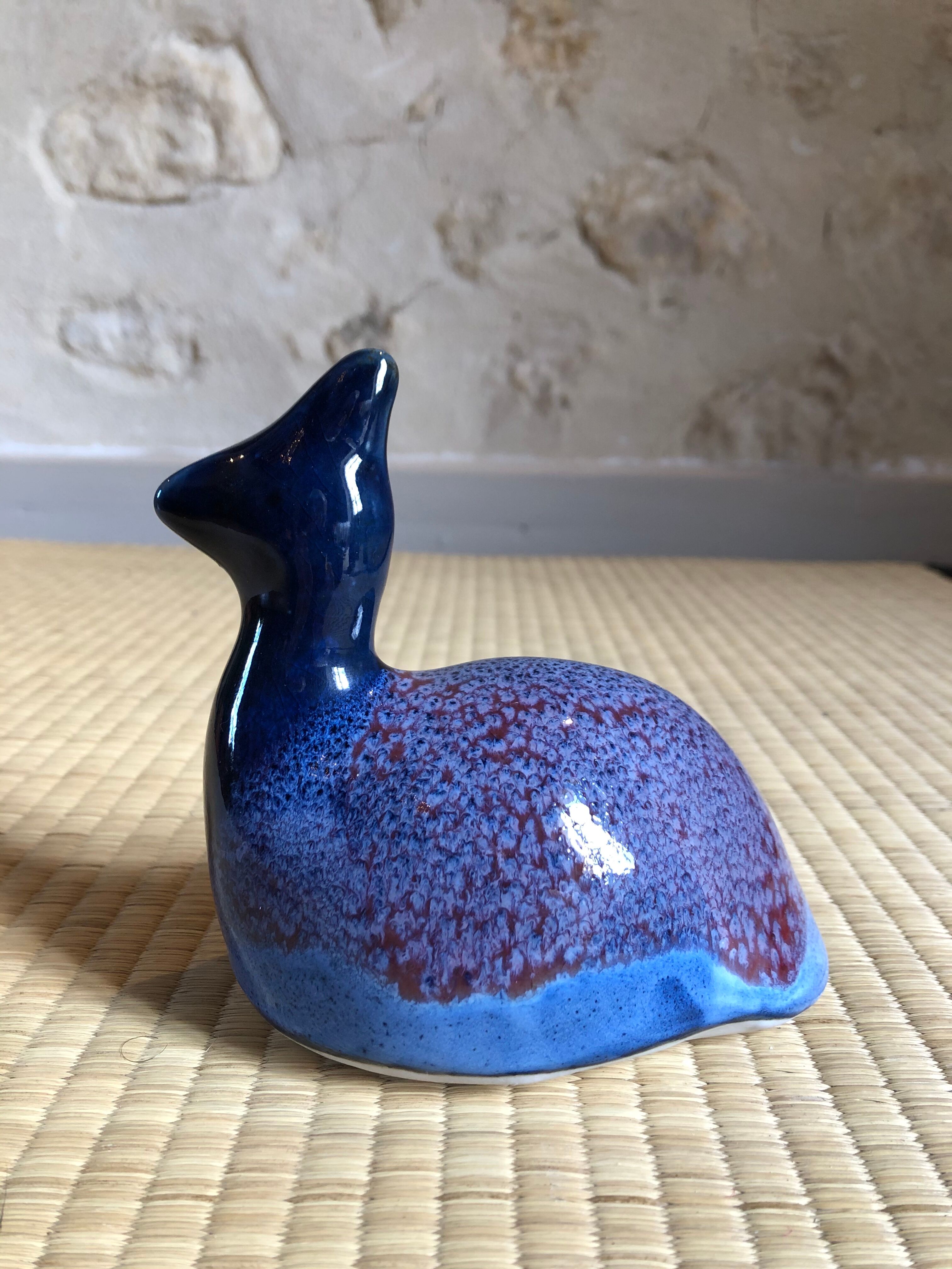 Ceramic animal figurine, pretty bluish enamel