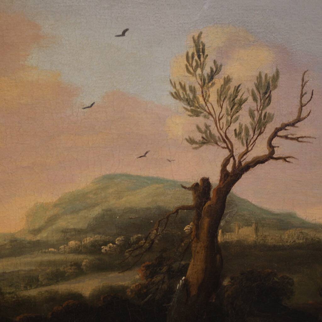 Antique Flemish bucolic landscape painting from the 18th century