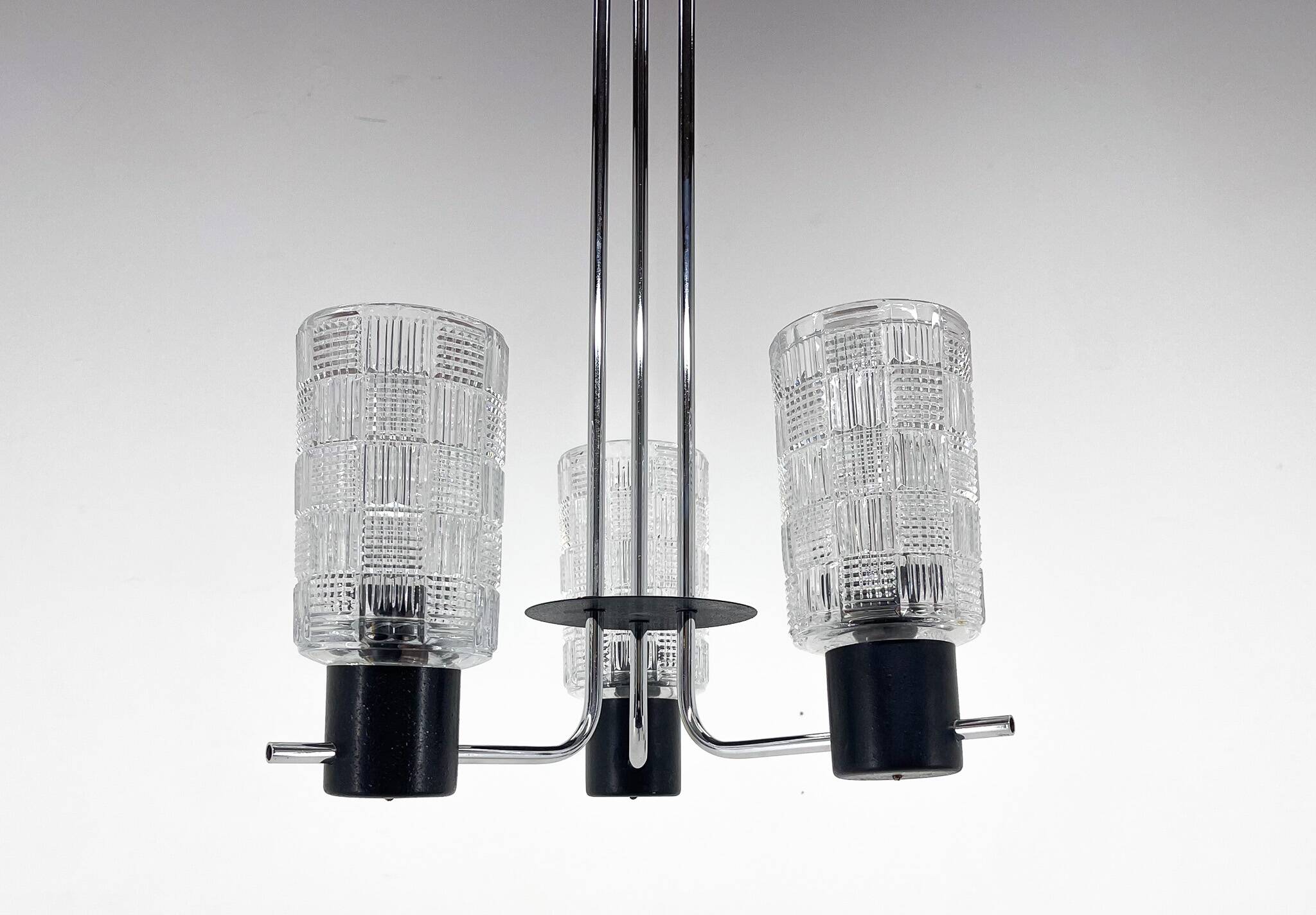1970s Chrome, Glass & Metal Chandelier, Czechoslovakia