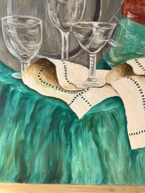 Nature morte, carafe et verres, huile sur carton signé Francine Dubois