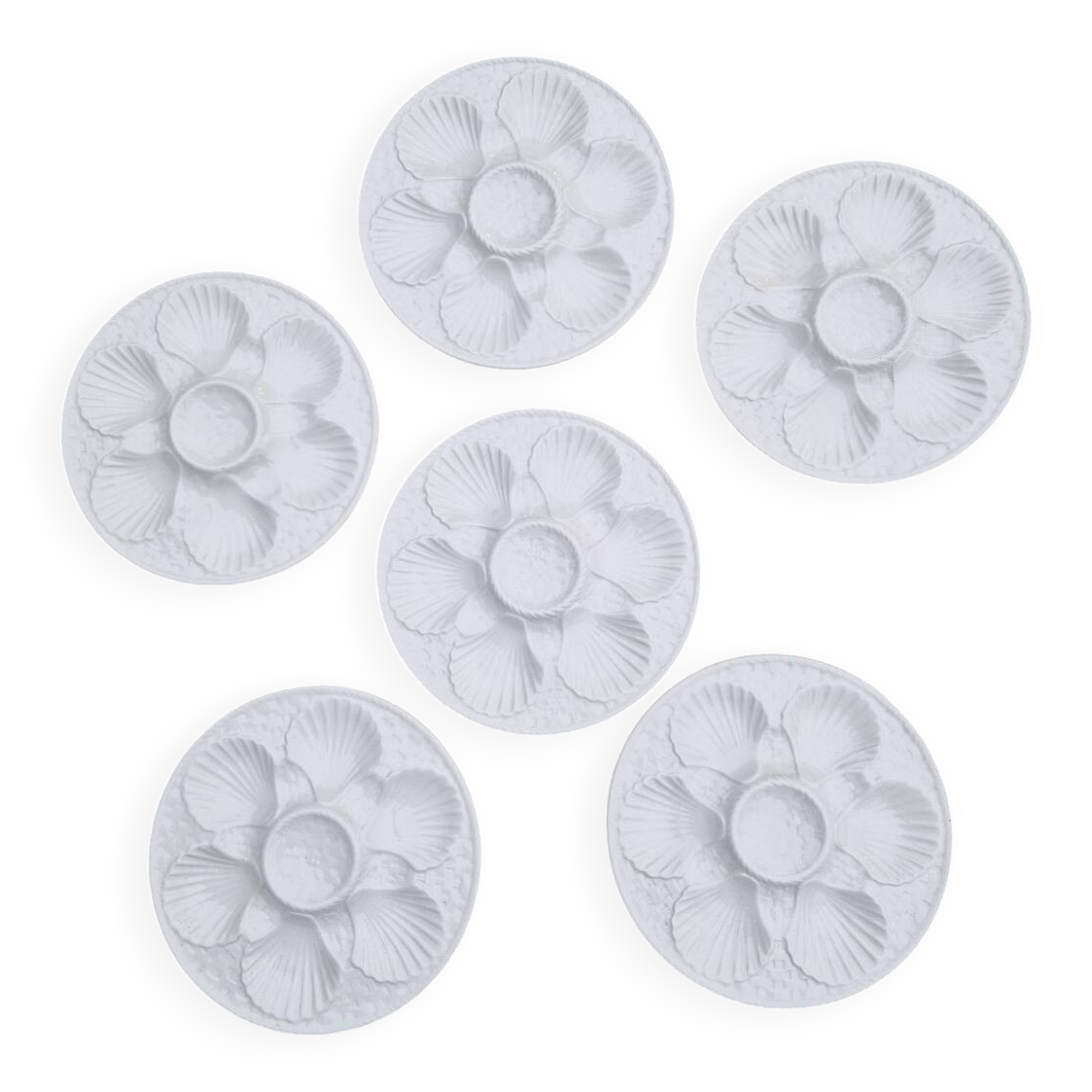 Set of 6 oyster plates with shells in white earthenware
