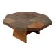 Large vintage slate mosaic coffee table, oak pedestal base, brutalist octagonal