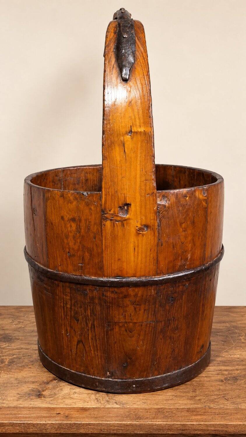 Old wooden well bucket with wrought iron bands – Late 19th century