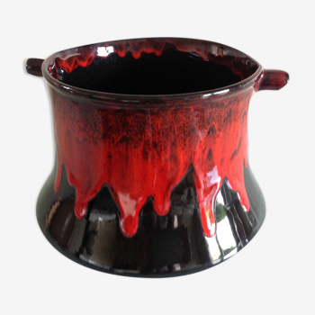 Cache pot en céramique noire et rouge style Fat Lava / vintage années 60/70