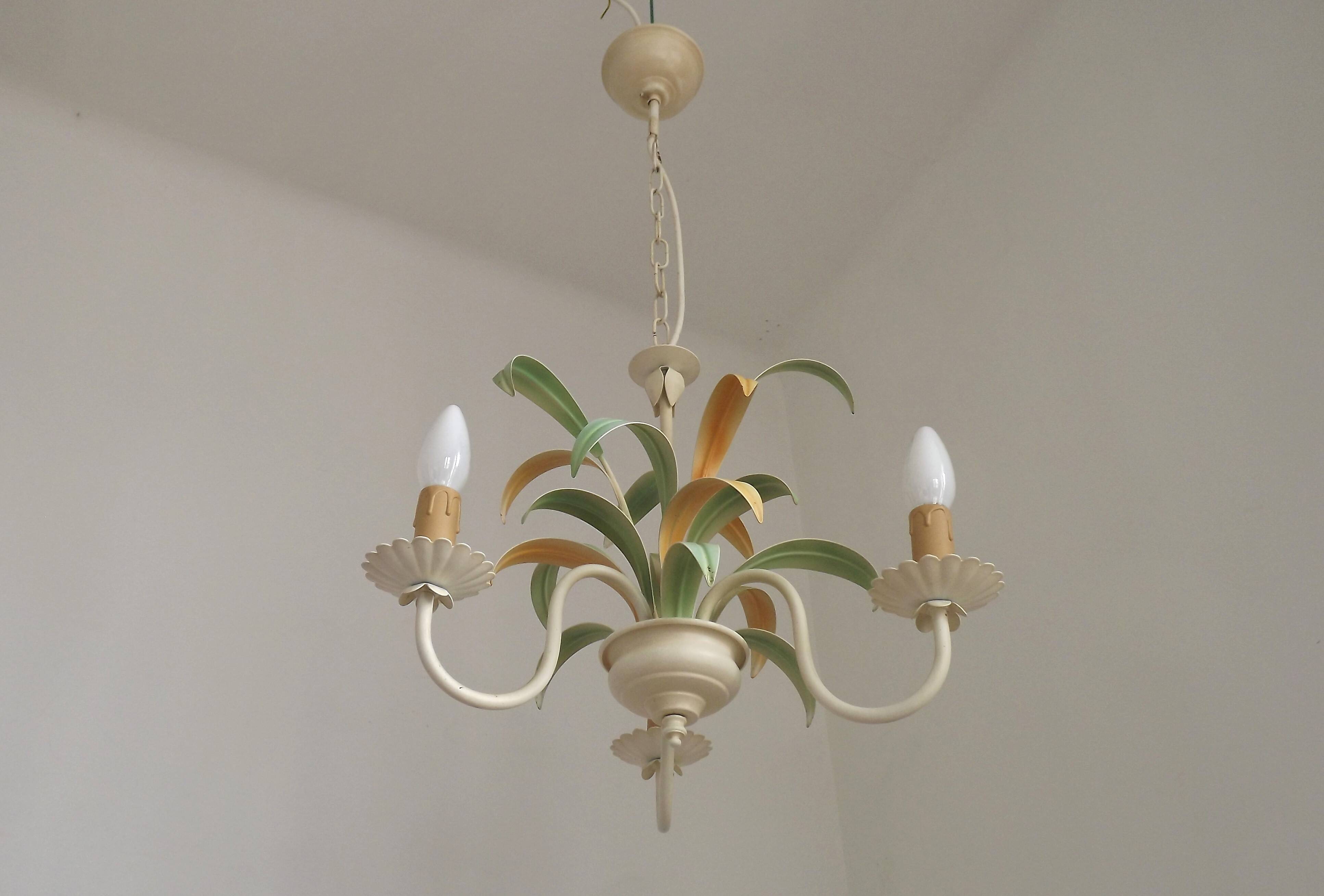 French Vintage Cream 3 Light Chandelier Green and Peach Leaves