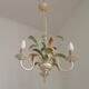 French Vintage Cream 3 Light Chandelier Green and Peach Leaves