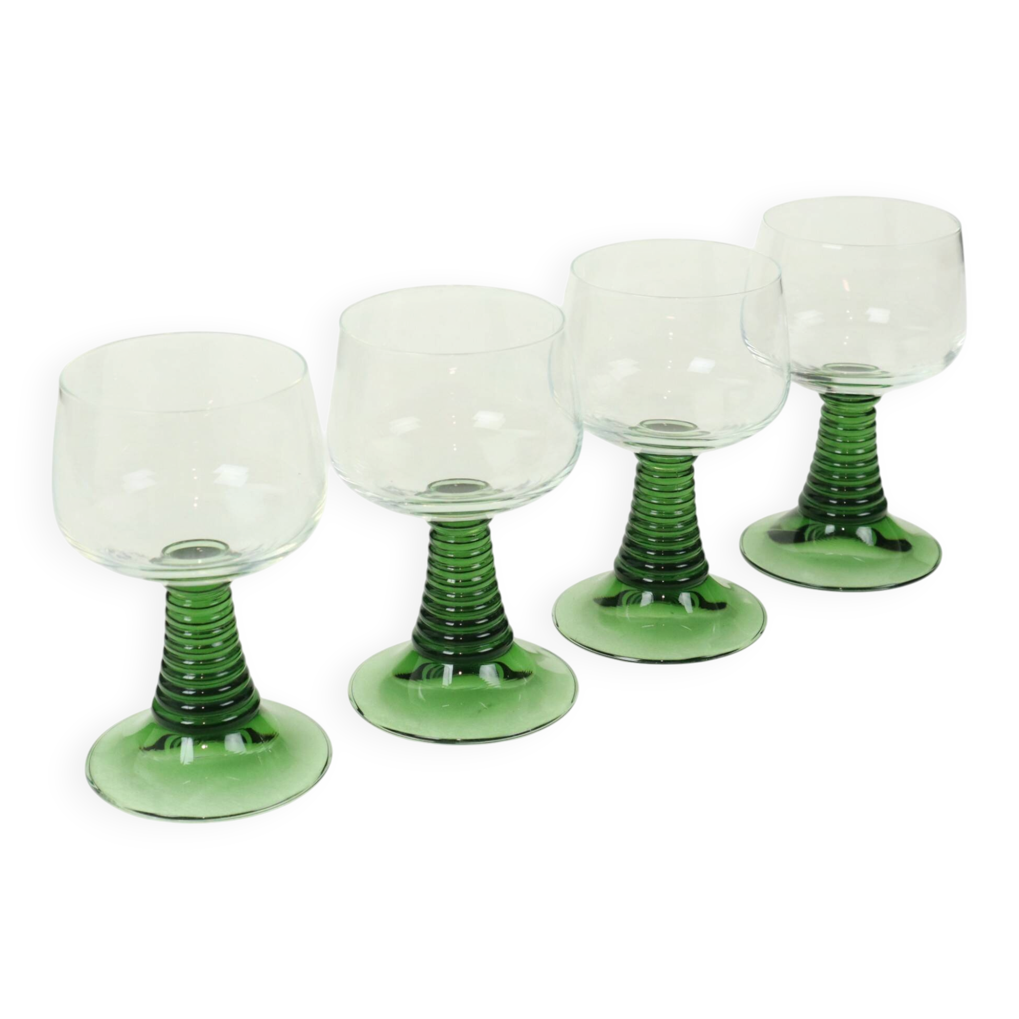 Set of 4 Vintage Luminarc Roemer Wine Glasses Green Ribbed Base