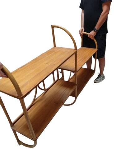 Vintage 1960s wooden and rattan shelf with 4 shelves