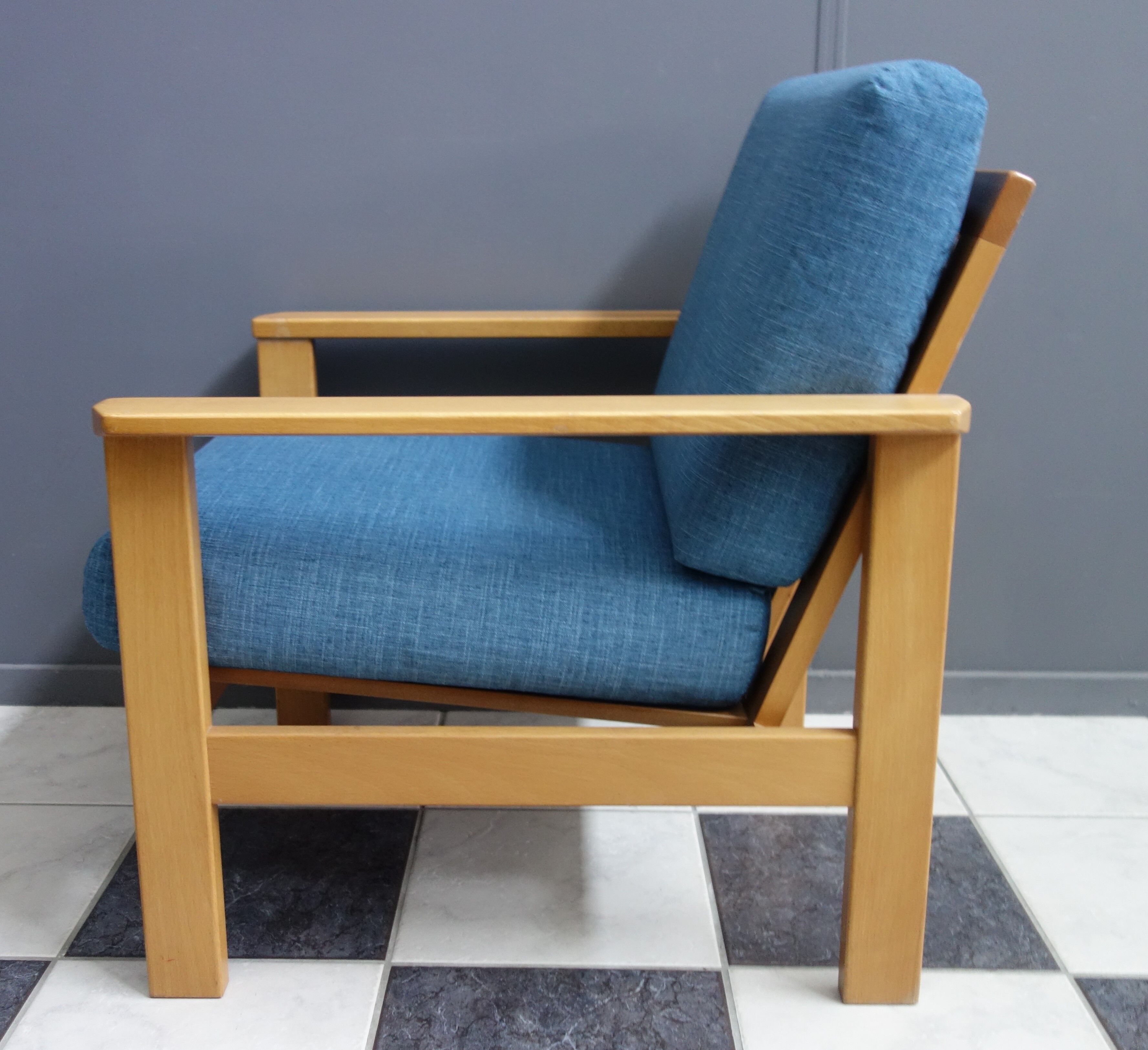 Blue fabric easy chair  in blonde wood frame 1960s