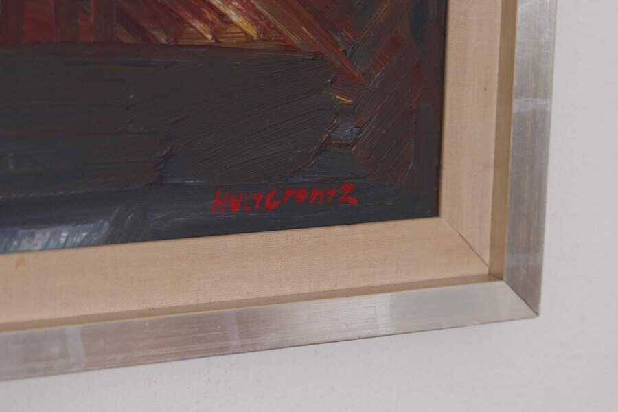 Original mid-century Swedish oil on panel – “City” by Tore Hultcrantz – vintage & framed – 74 × 62 cm (29.1" × 24.4")