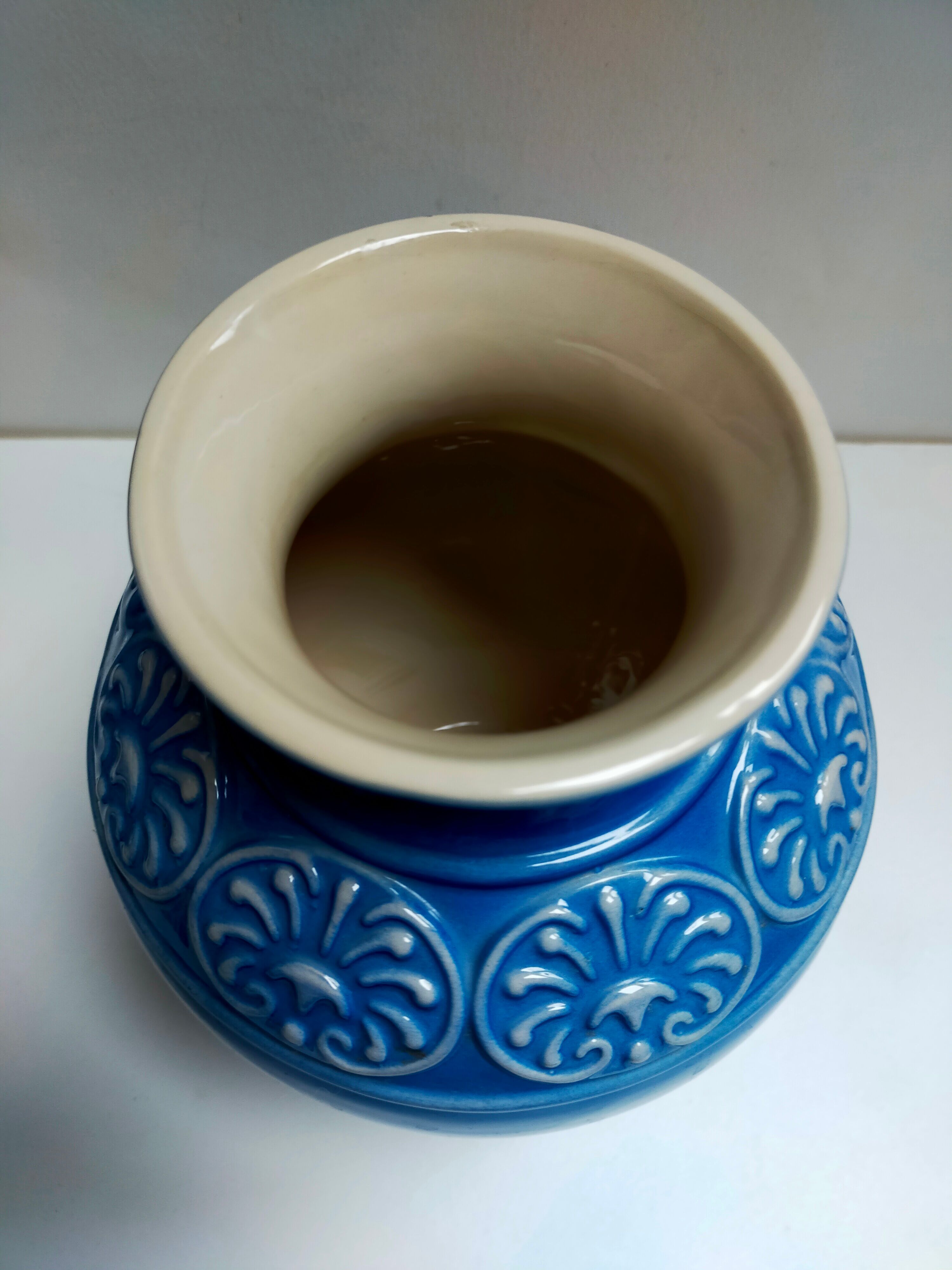 Ceramic vase ball blue art deco vintage carved numbered