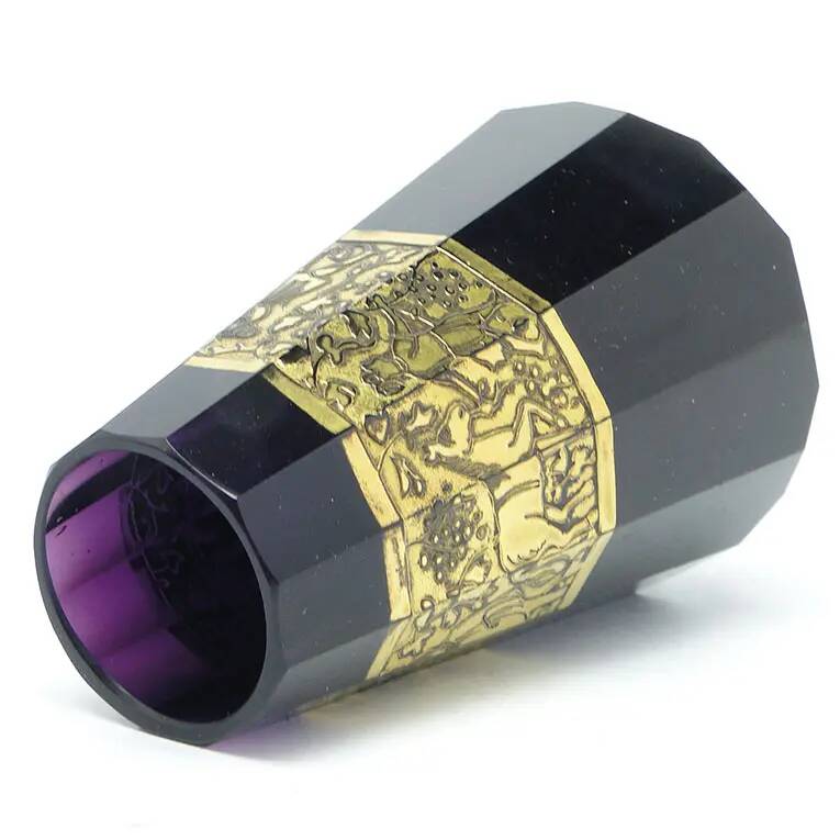 Art Deco vase, amethyst glass, gilded oroplastic, Moser, Czechoslovakia, 1930s