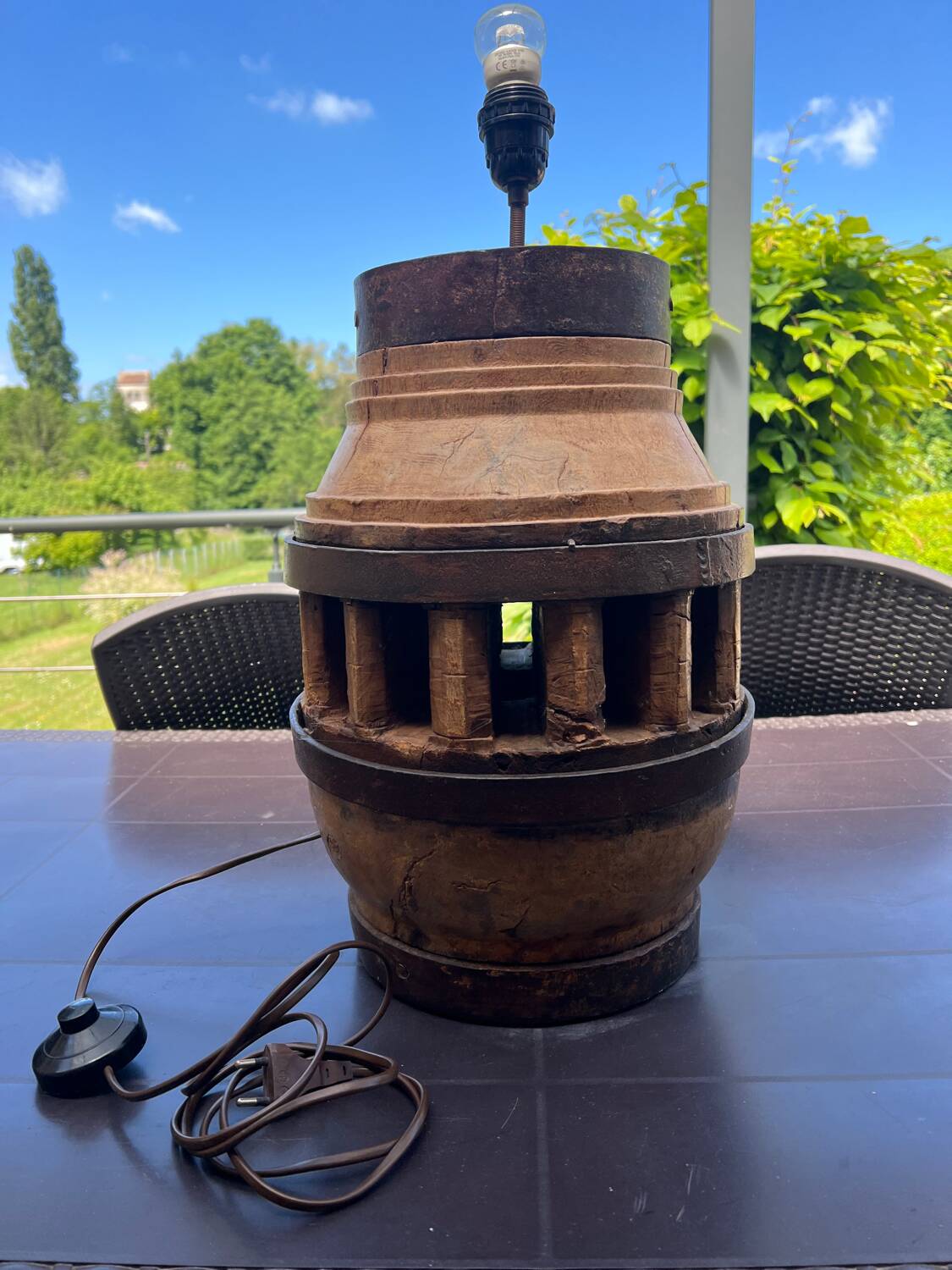 Vintage wooden lamp – base made from a plough wheel hub