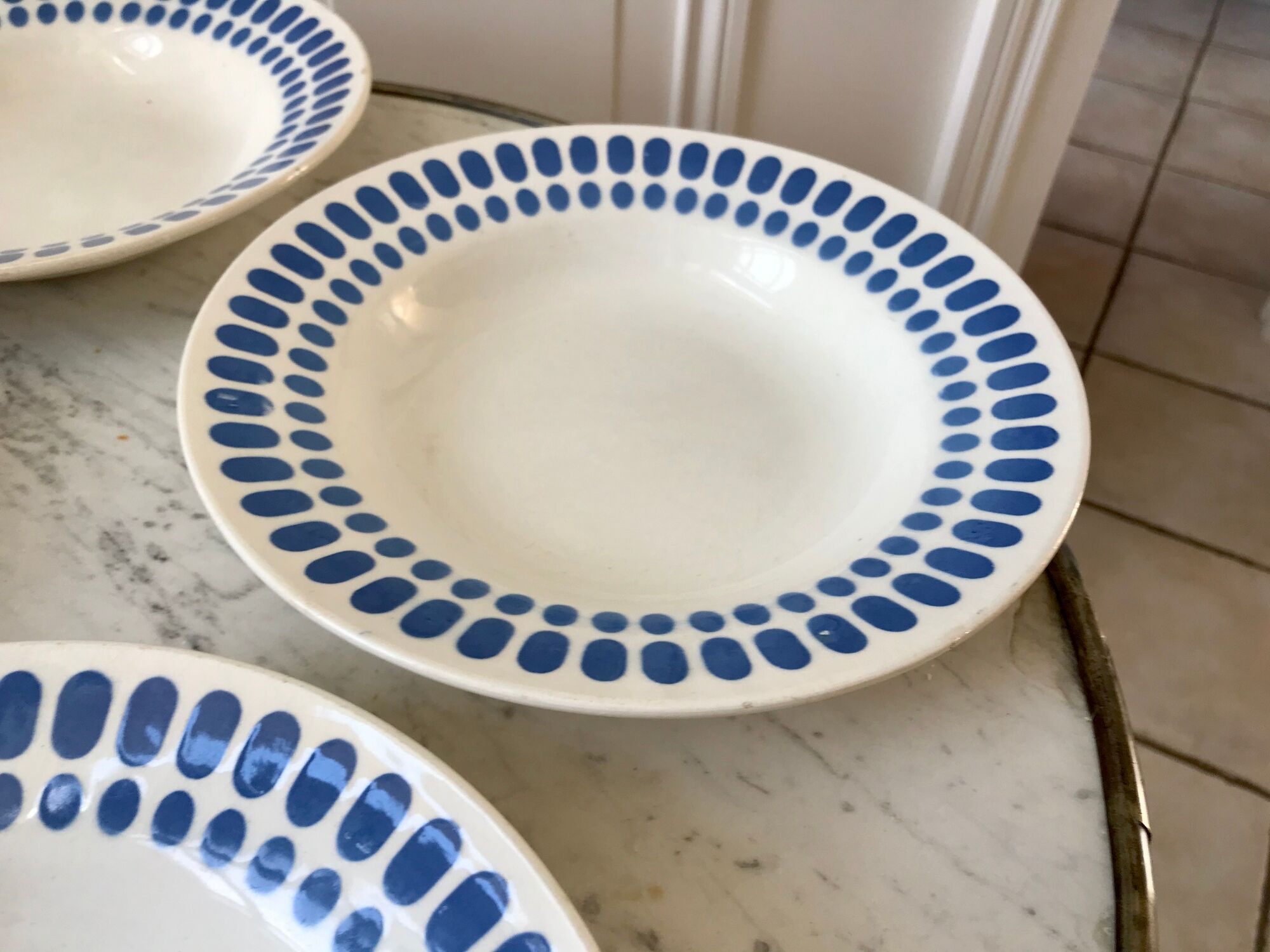 Set of 4 hollow plates Digoin Sarreguemines blue model "Tartan" 40s