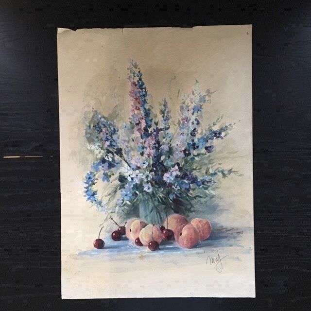 Painting bouquet of flowers and fruits