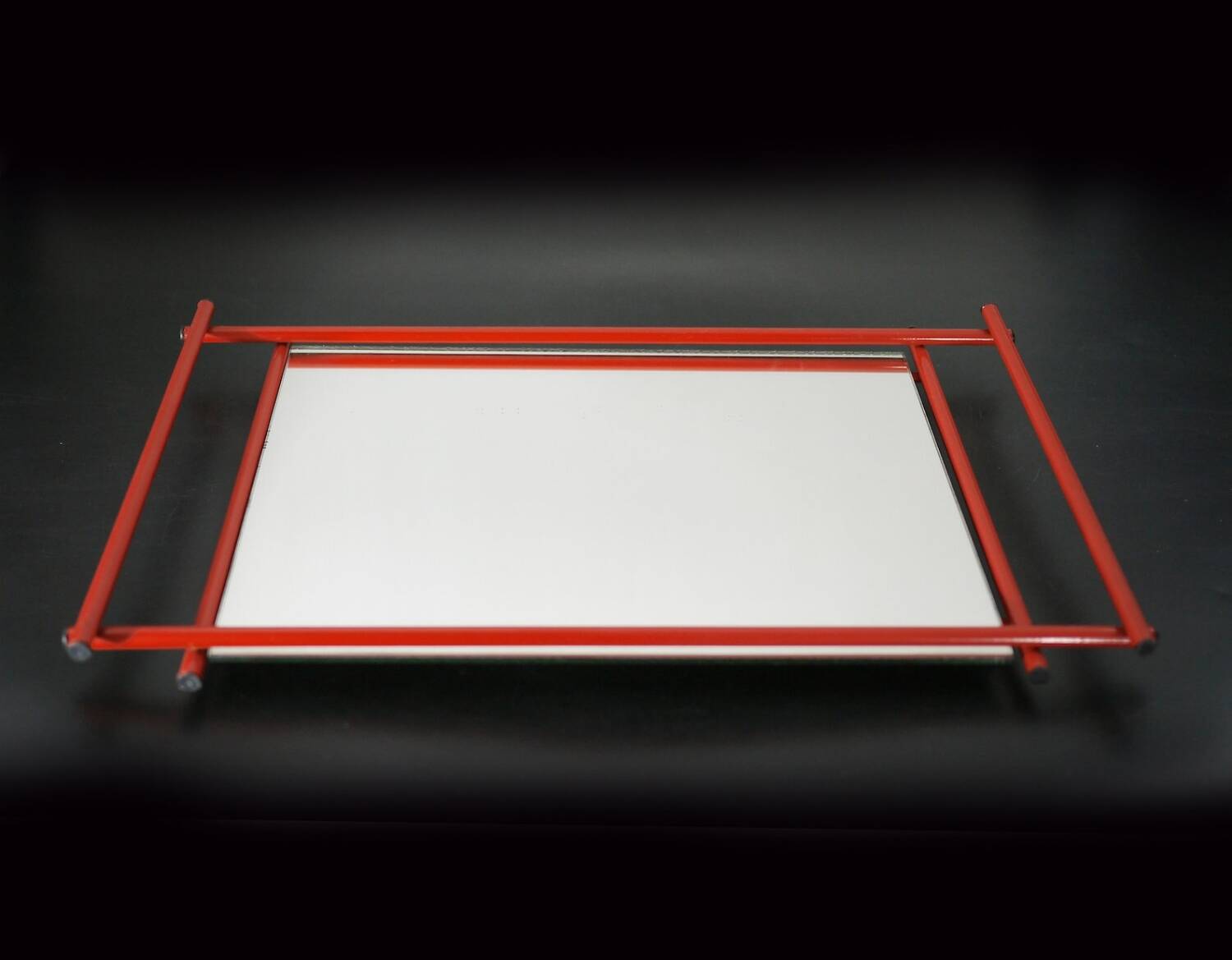 1960s Modern Red Metal Frame Mirrored Serving Tray