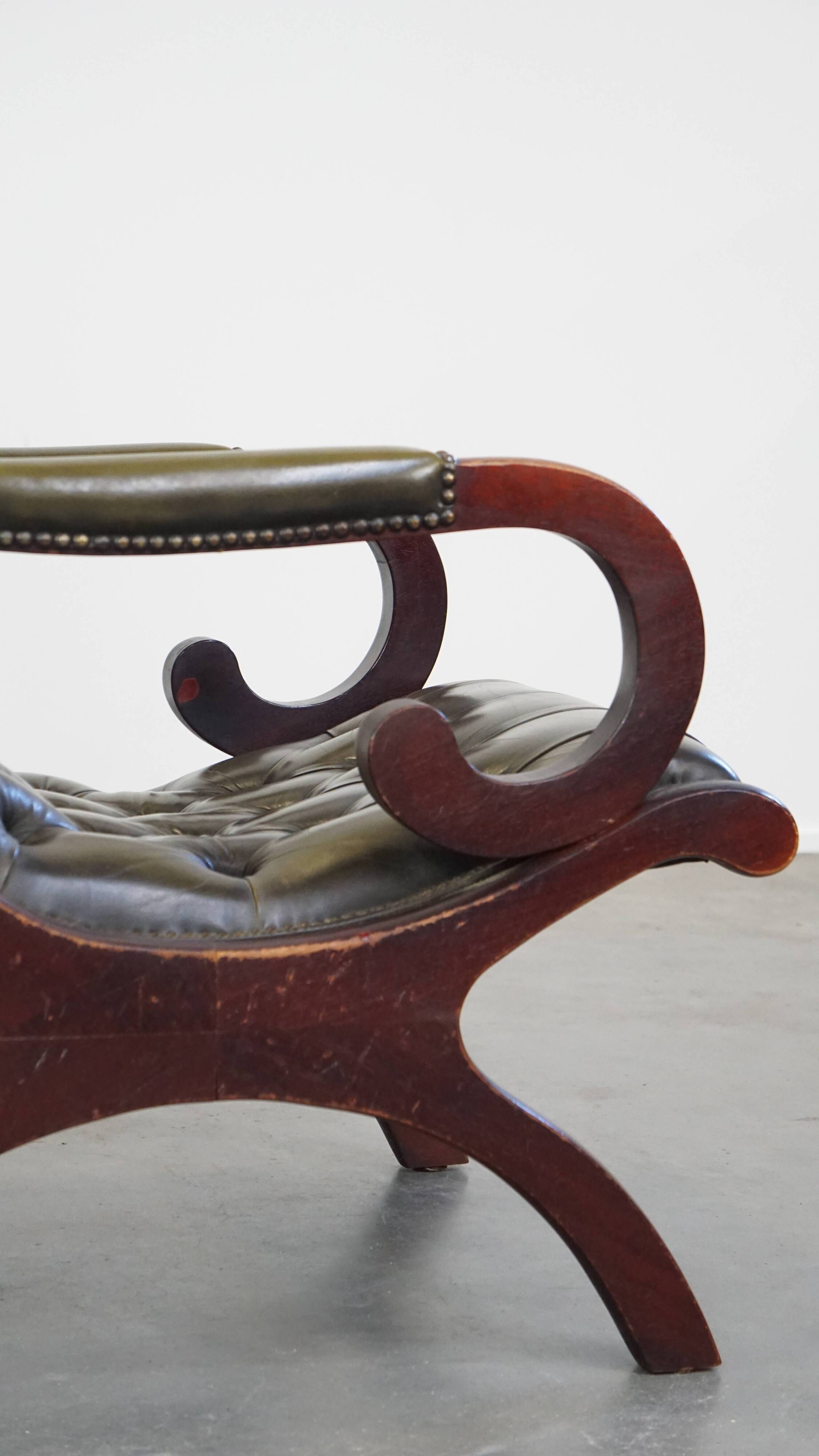 Green cow leather chesterfield armchair combined with wood