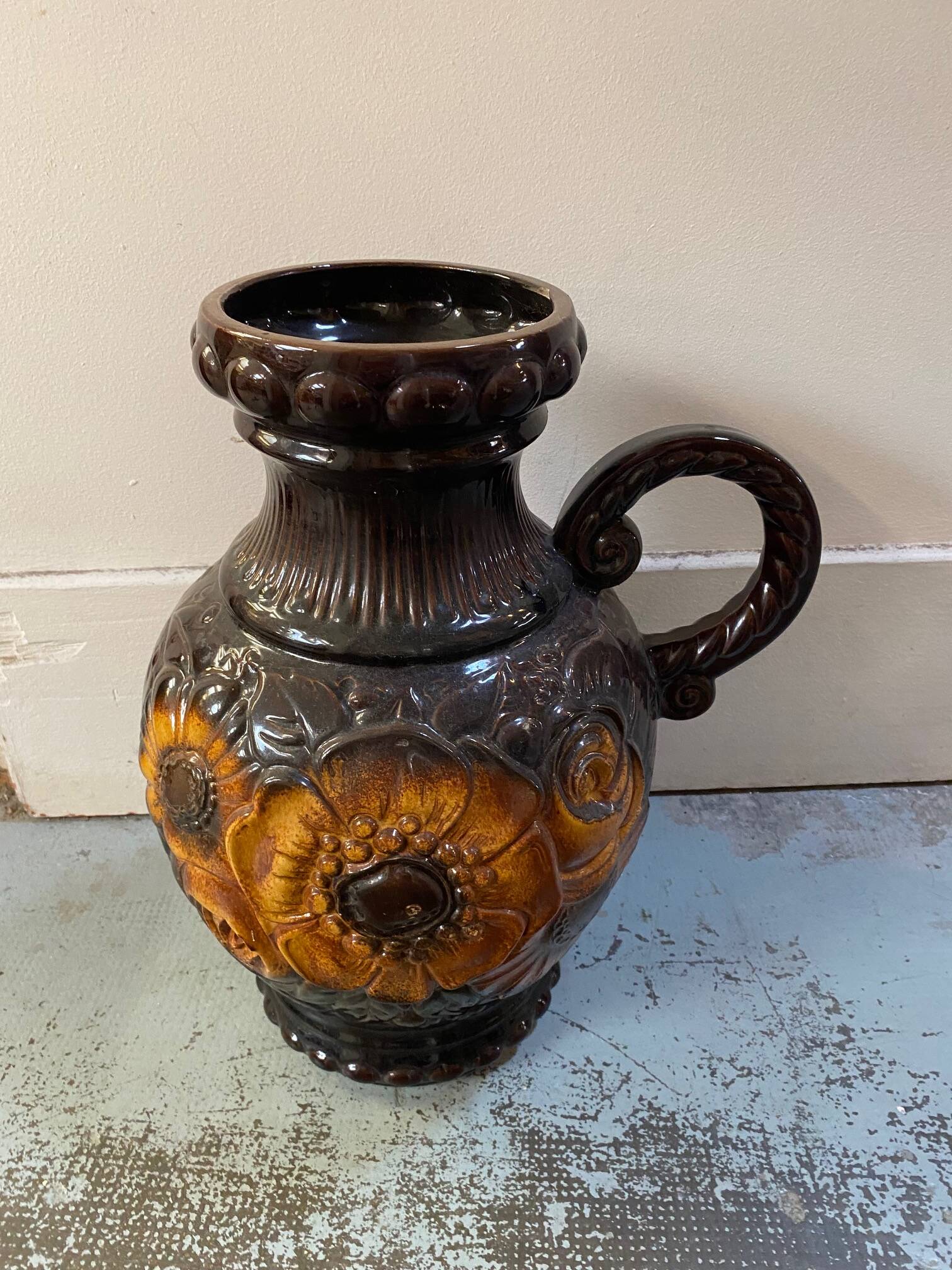 German scheuerich ceramic vase with flowers decor from the 70s