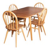 Retro Blonde Ercol Model 383 Dining Table & Four Model 370 Windsor Kitchen Dining Chairs