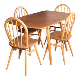 Retro Blonde Ercol Model 383 Dining Table & Four Model 370 Windsor Kitchen Dining Chairs