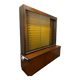 Vintage wooden and glass display cabinet, 15 shelves, gold background.
