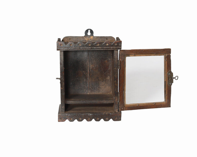 Little old wall showcase box has clock patina of origin india
