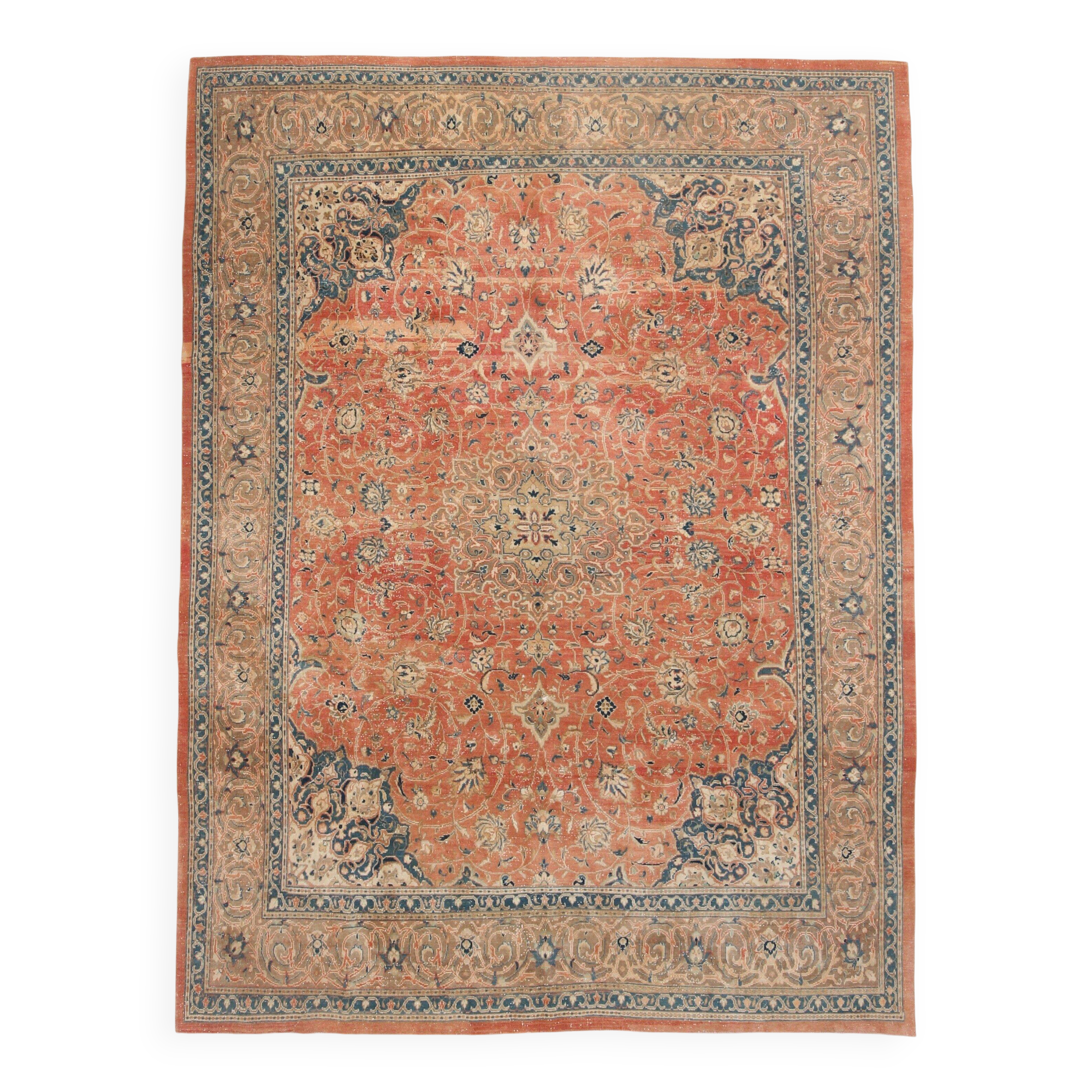 Vintage Turkish wool rug in terracotta beige with flowers, 10 × 13 feet.