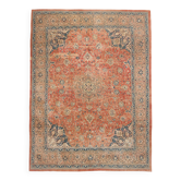 Vintage Turkish wool rug in terracotta beige with flowers, 10 × 13 feet.