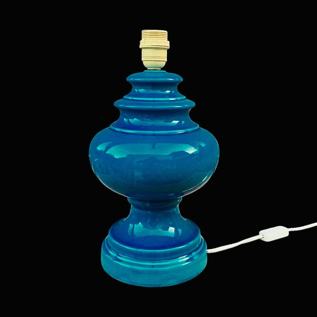 Antique large lamp base in duck blue glazed ceramic