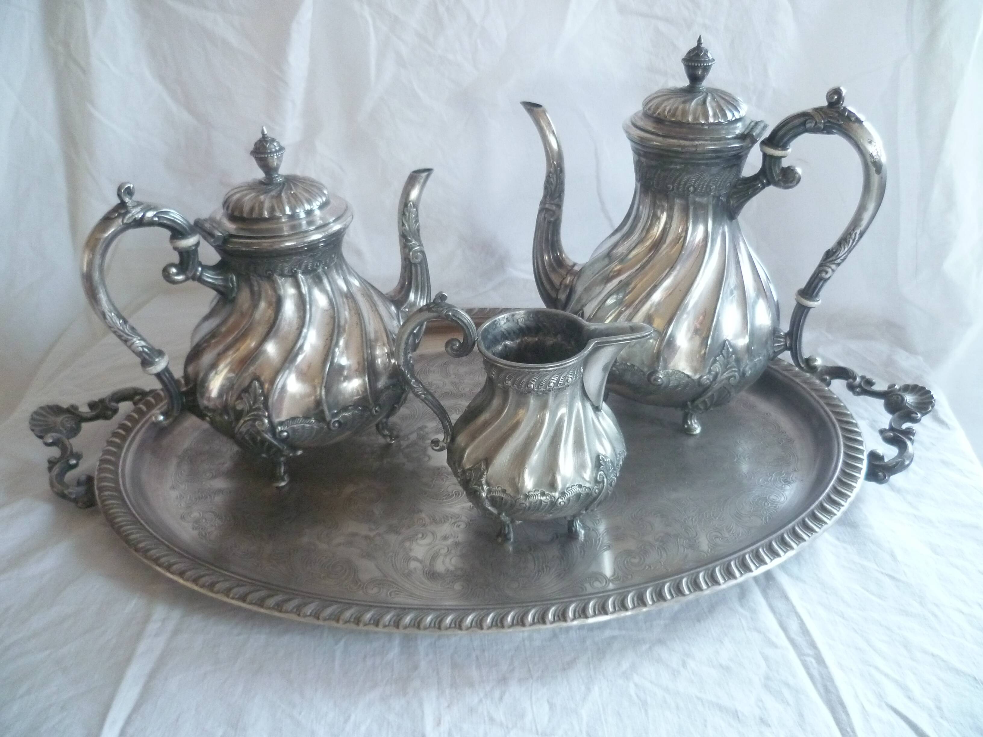 4-piece silver-plated coffee/tea set, quadripod, rococille style, twisted
