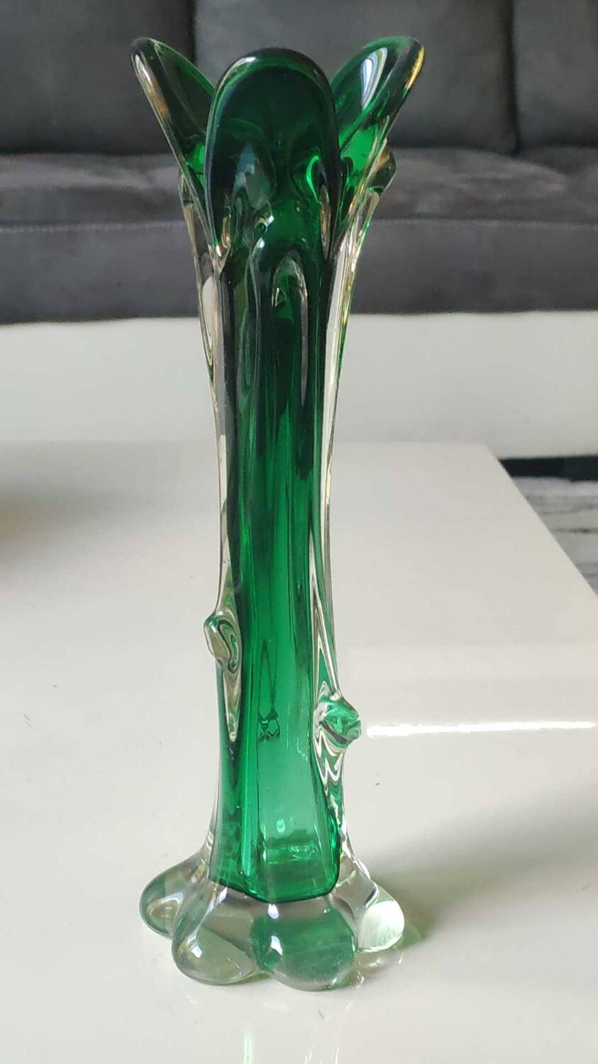 Murano glass art vase blown. Design in the shape of a trunk/floral base. Height 26 cm.