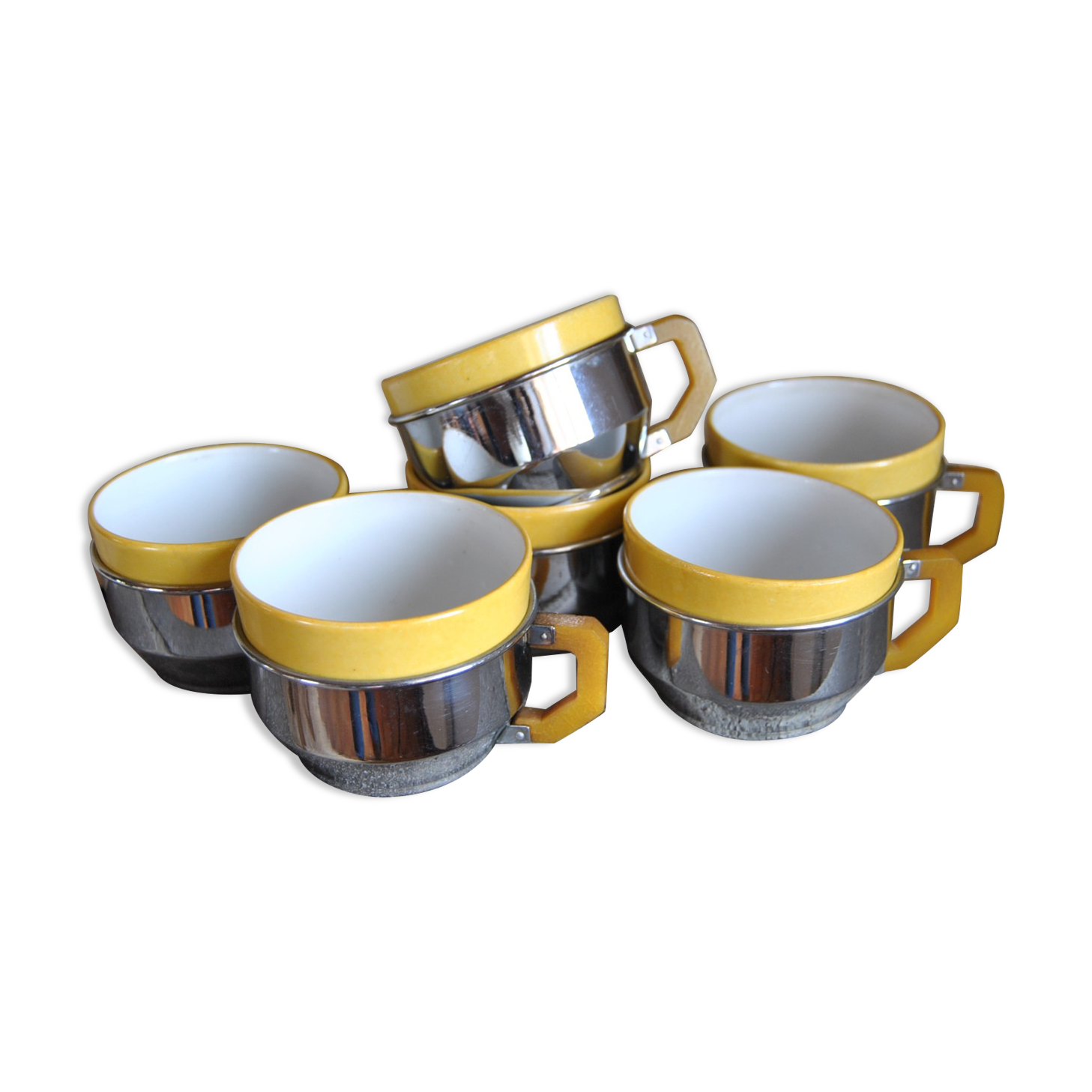 Series of 6 ceramic and stainless steel cups - 70s - Vintage