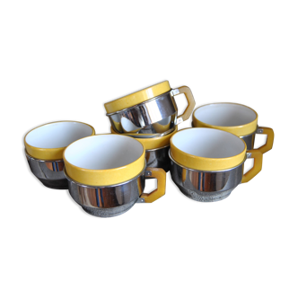 Series of 6 ceramic and stainless steel cups - 70s - Vintage