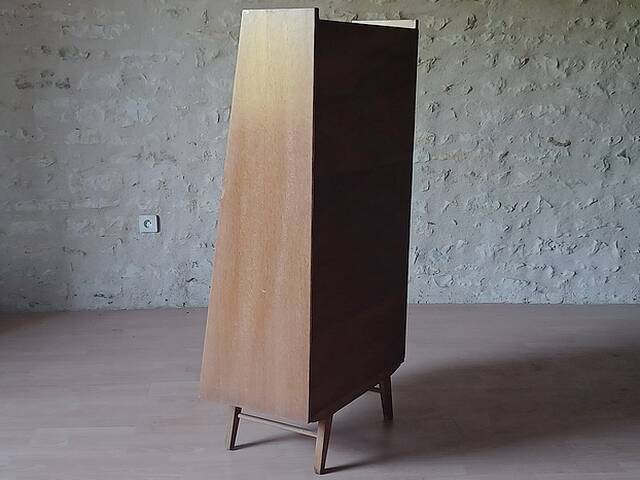 Vintage 1960s secretary with slanted design, light wood, compass legs