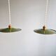 Pair of industrial pendant lights in green enamelled sheet metal