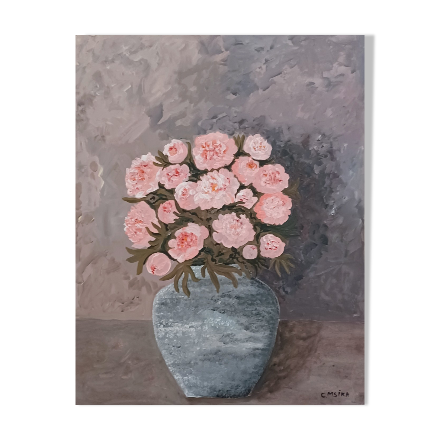 Painting of a bunch of coral-colored peonies in a gray vase