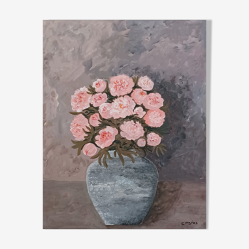 Painting of a bunch of coral-colored peonies in a gray vase