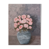 Painting of a bunch of coral-colored peonies in a gray vase