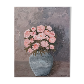 Painting of a bunch of coral-colored peonies in a gray vase