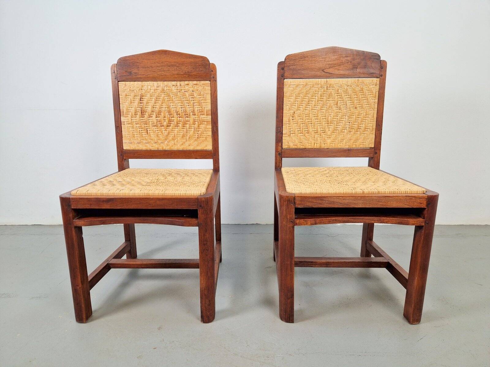 Dutch Art Deco Haagse School Oak and Rattan Webbing Chairs, 1930s, Set of 2