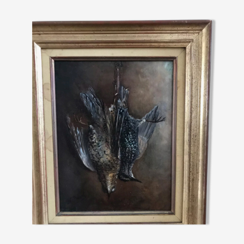 Painting signed oil still life hunting