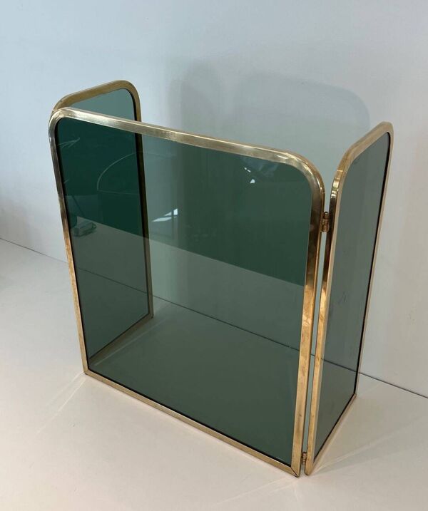 Pare-Feu Pliant à Trois Panneaux en Verre Teinté Vert avec Cadre en Laiton