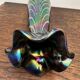 Vintage iridescent glass vase with ribbed design and ruffled neck, H 21 cm.